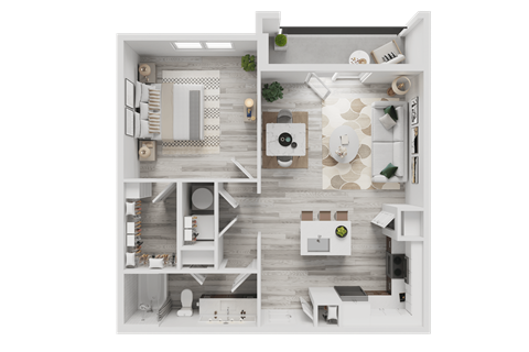 A top-down view of a modern, minimalist apartment with a kitchen, living room, and bedroom.